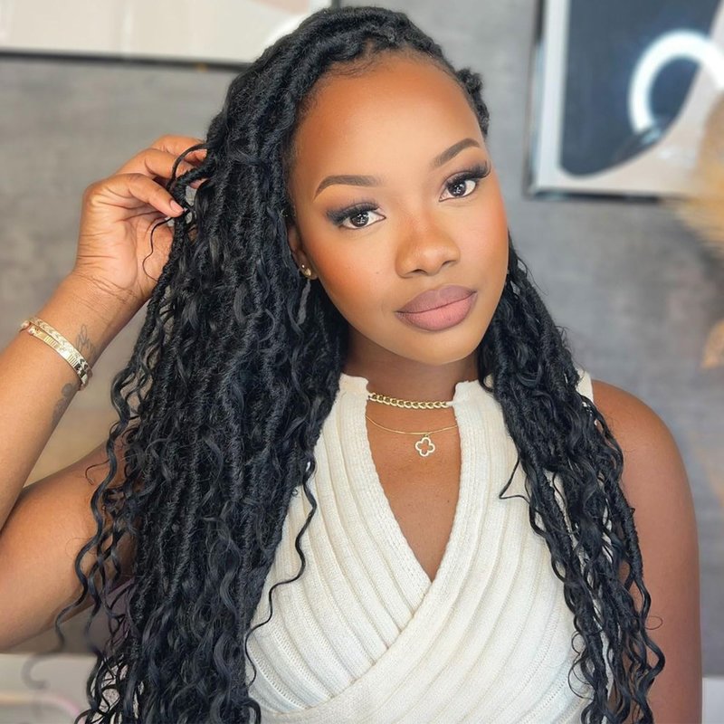 LIYATE 6 Packs Faux Locs Crochet Hair, 22 Inch Goddess Locs Crochet Hair Pre Looped, River Loc Crochet Braids with Curly, Boho Hippie Loc Synthetic Hair Extensions (1B)