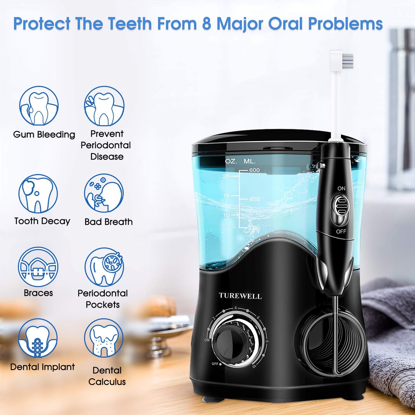 TUREWELL FC162 Water Dental Flosser for Teeth/Braces,10 Pressure Levels, 8 Water Jet Tips for Family, 600ML Electric Water Dental Oral Irrigator for Teeth-Clean (Black)