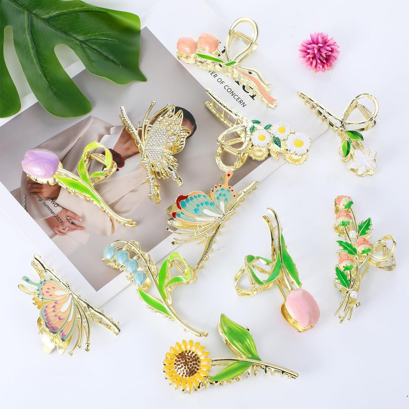 YUXIANLB 11PCS Metal Claw Clips, Sparkly Butterfly Tulip Flower Large Non-Slip Hair Clip for Thick Thin Hairs, Boho Decorative Styling Clamps Hairclips Hawaiian Hair Jaw Accessories for Woman and Girl