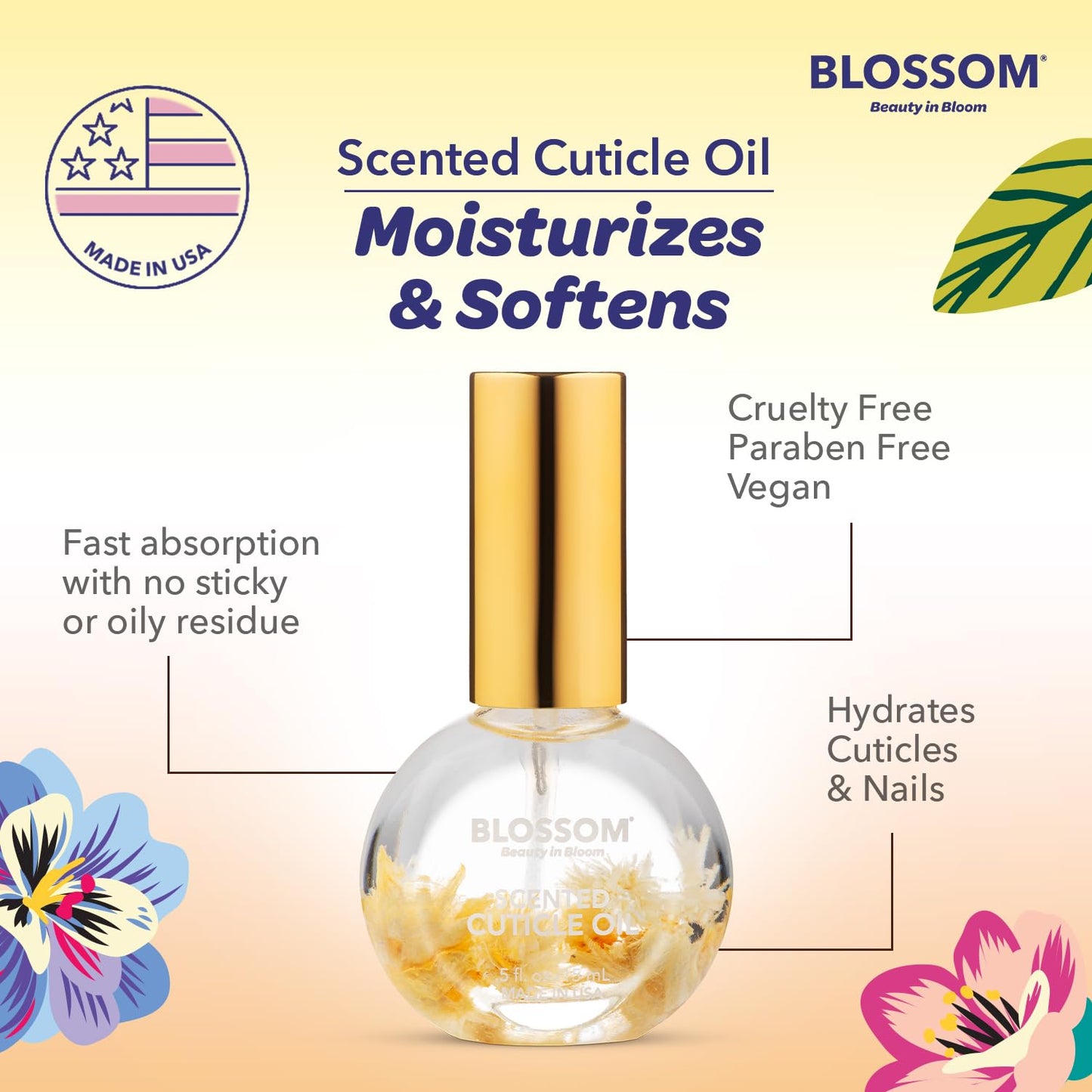 Blossom Heavenly Hemp Therapeutic, Hydrating, Moisturizing, Strengthening, Scented Cuticle Oil, Infused with Real Flowers, Made in USA, 0.5 fl. oz, Spring Bouquet Hemp