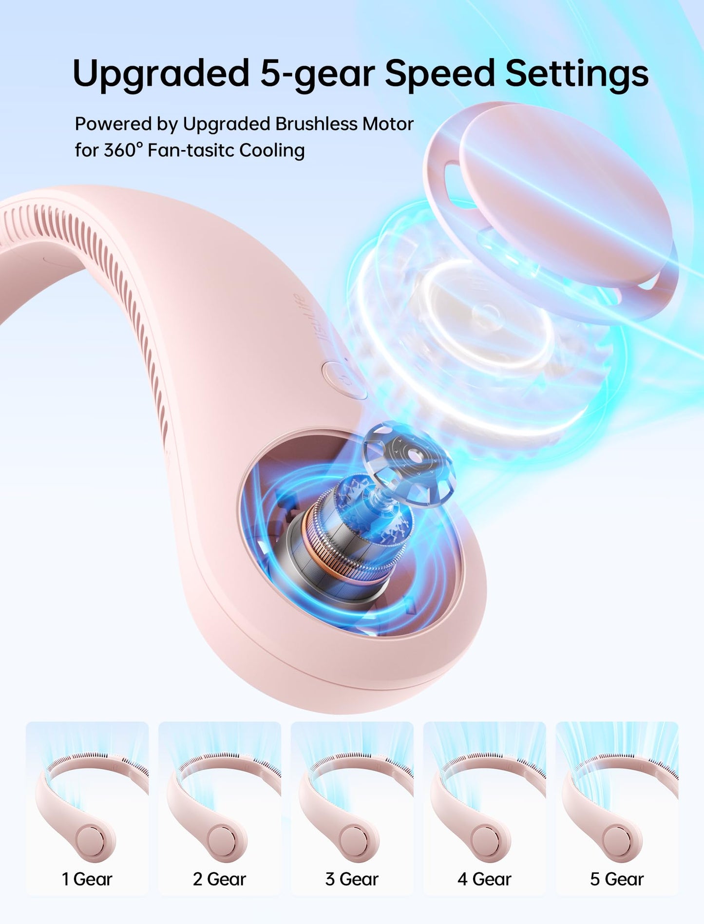 JISULIFE Portable Neck Fan, Hands-Free Bladeless, 5 Speeds, 4000 mAh Battery Operated Wearable Personal Fan, Twistable, Rechargeable, Gift for Women Men-Pink