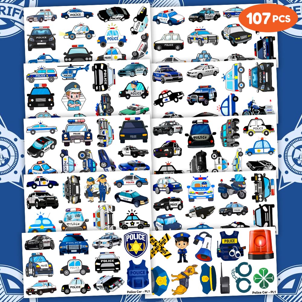107 PCS Police Car Party Favors Temporary Tattoos Themed Decorations Décor police birthday party supplies Officer Policeman Blue Tattoo Stickers Gifts For Boys Girls Class Prizes Rewards Cartoon