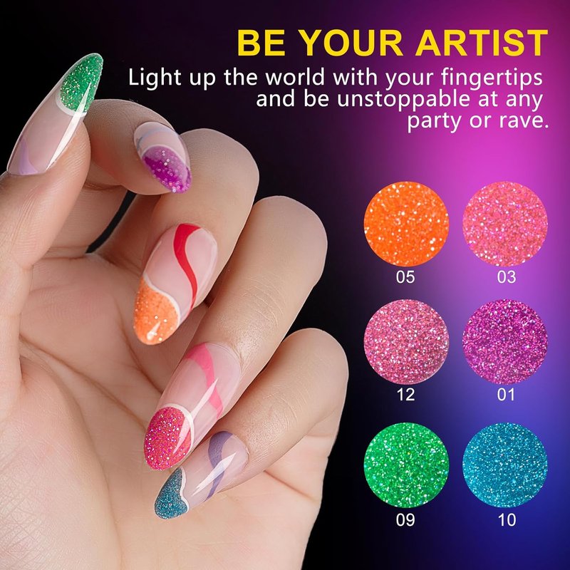 NXJ Halloween Gel Nail Polish Set - 6 Glitter Neon Colors | 10ml Summer Nail Art for DIY Salon & Parties
