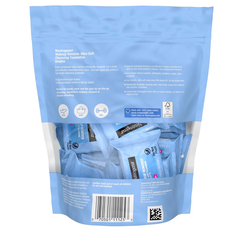 Neutrogena Makeup Remover Wipes, Daily Single Face Cleansing Towelettes, Makeup Removing Cleansing Wipes Removes Dirt & Oil, Alcohol-Free Face Towelettes, 20 ct