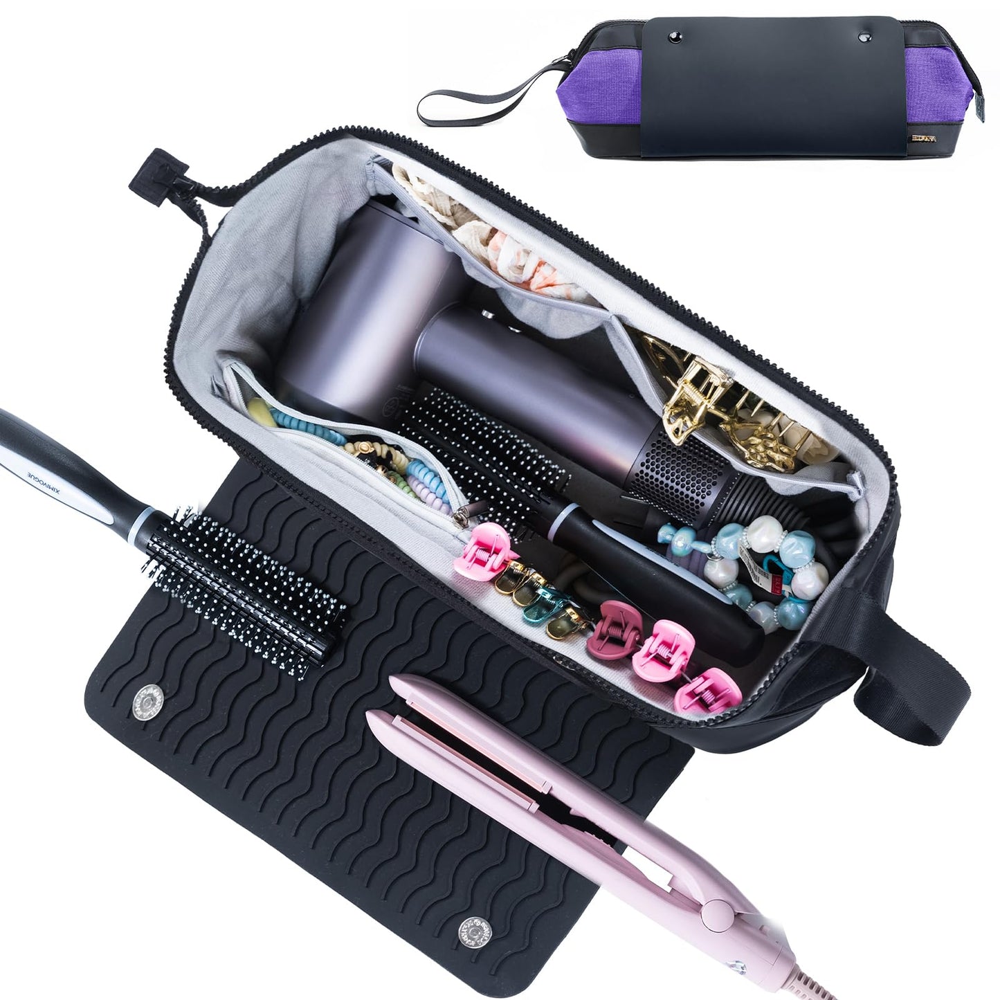 ELCUPA 2IN1 Hair Tools Travel Bag with Heat Resistant Mat for Shark Flextyle, Flat Irons, Straighteners, Curling Iron, and Haircare Accessories,Compatible with Revvlon One Step Hair Dryer