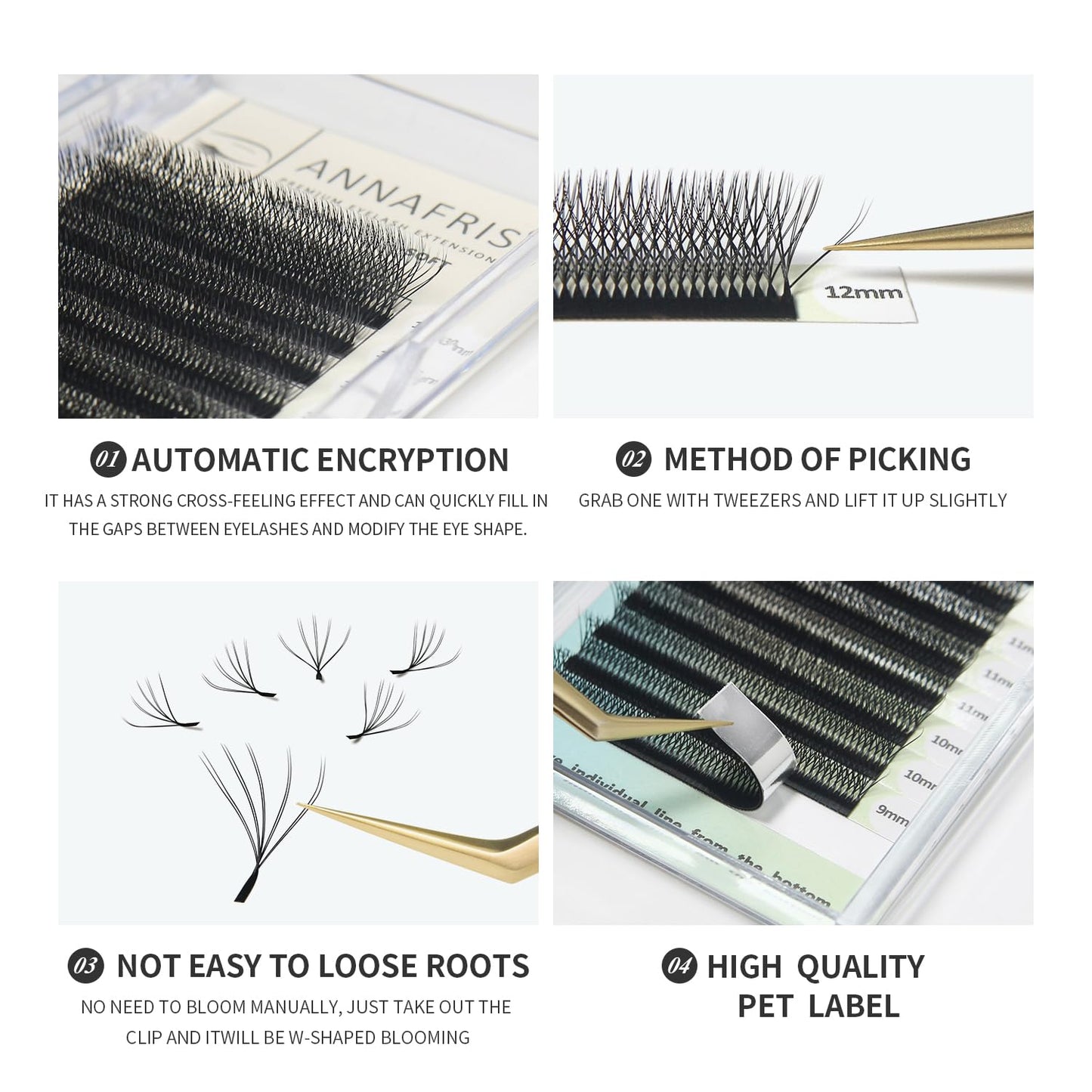 ANNAFRIS Double Tips 5D W Premade Fan Eyelash Extensions Volume Self Fanning False Lashes Faux Mink Matte Black Cluster Lash Extensions(0.07 D,8-15mm Mix)