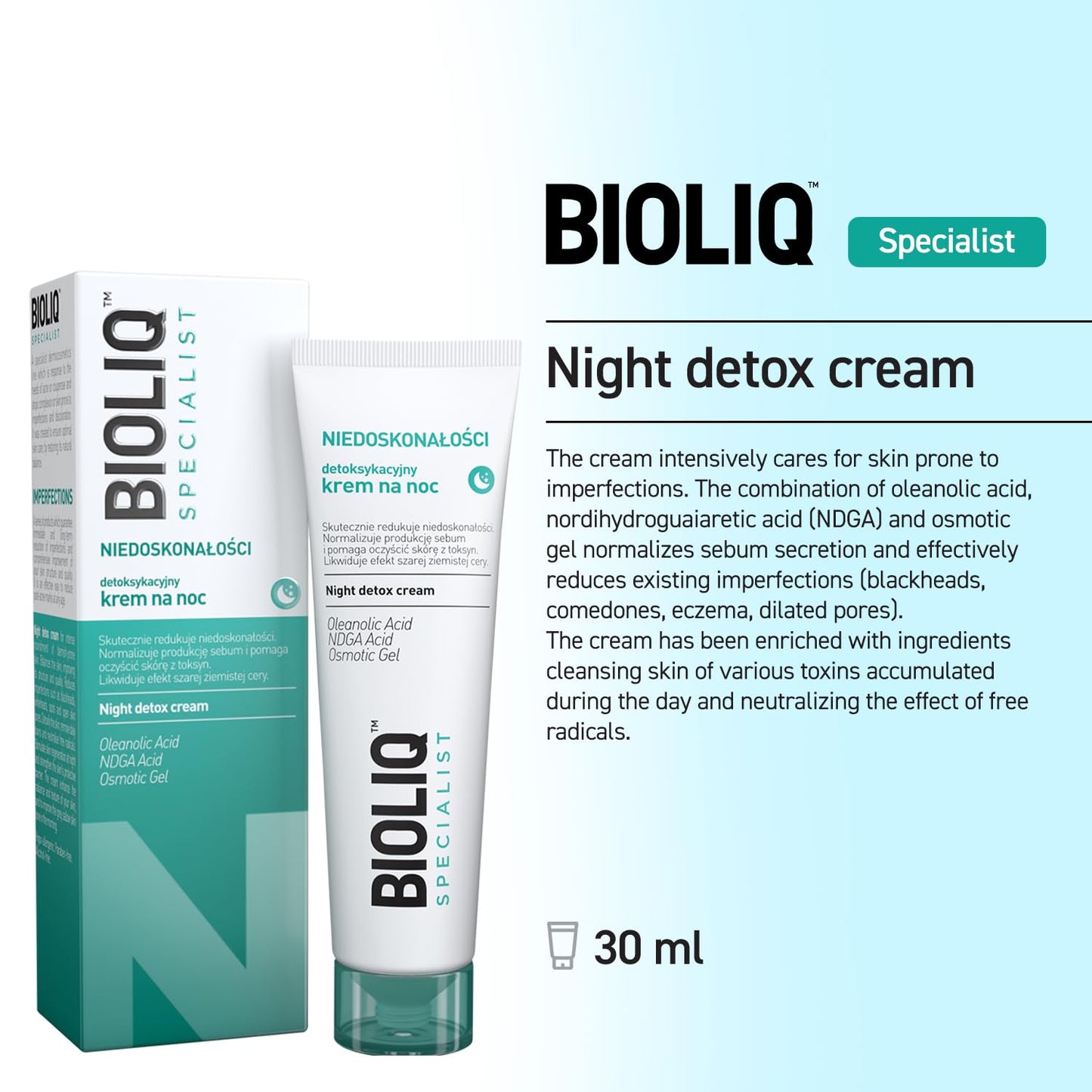 Bioliq - Specialist Night Detox Cream - for Imperfection-Prone Skin, Oleanolic Acid, NDGA, Osmotic Gel for Sebum Control and Toxin Cleansing - 30ml