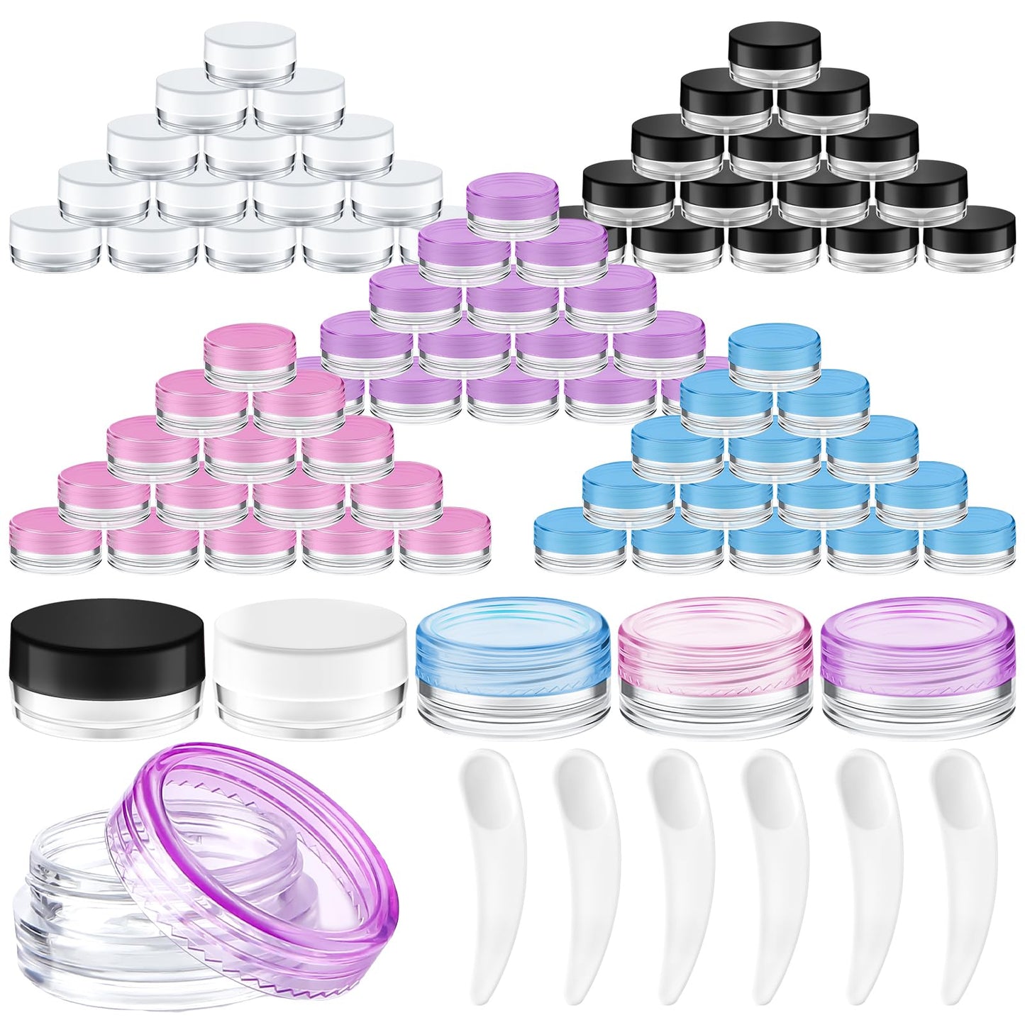 Jinei 500 Pcs 3g Empty Sample Containers with Lids Bulk Small Plastic Sample Jars Round 3ml Tiny Clear Lip Balm Lotion Pot and 50 Pcs Mini Cosmetic Spatula for Make up Powder Oils Paint Creams