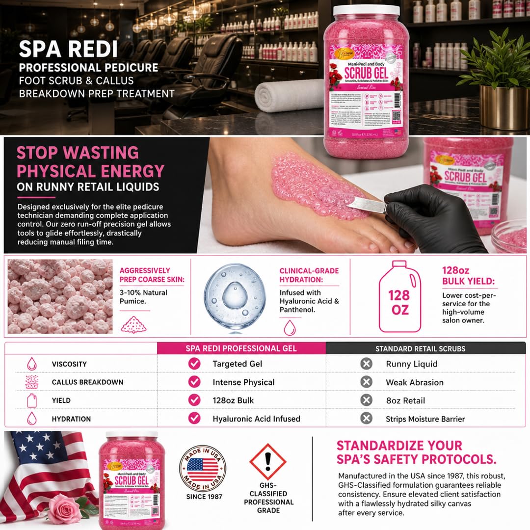 SPA REDI Professional Foot Scrub Gel – Dual-Action Pedicure Treatment | Dual-Action Skin Transformation for Softer, Nourished Feet & Elevated Client Satisfaction (128oz Gallon)