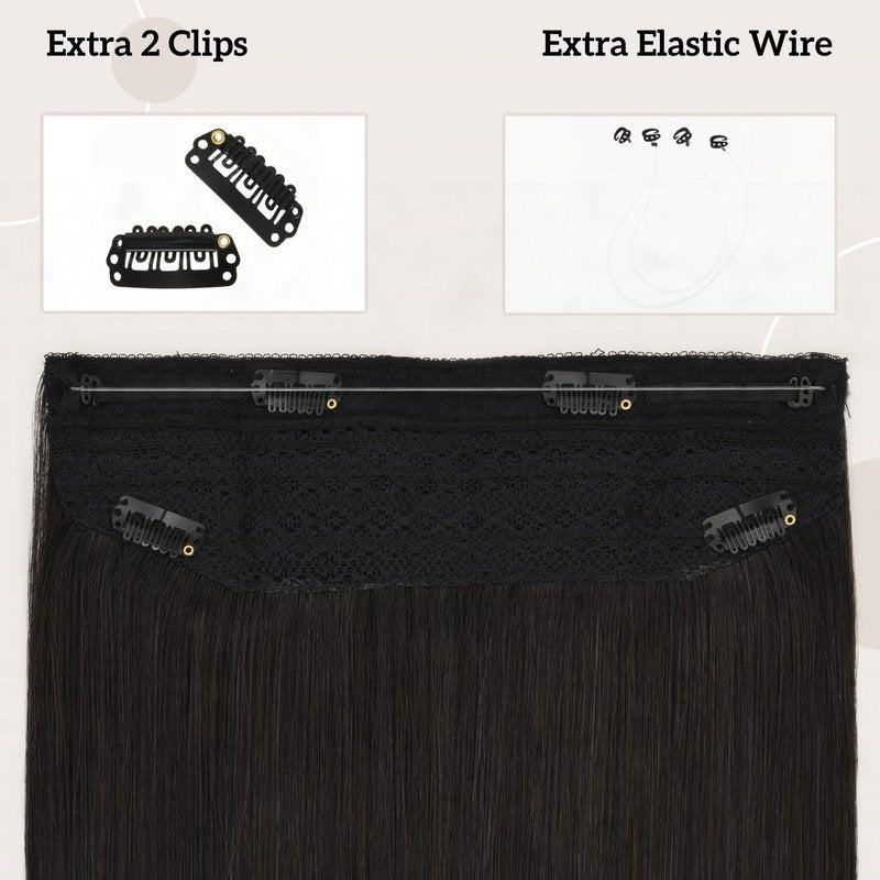 Invisible Fish Line Hair Extensions - 18 Inch Natural Black Human Hair Piece | 100g Lightweight Wire Extensions
