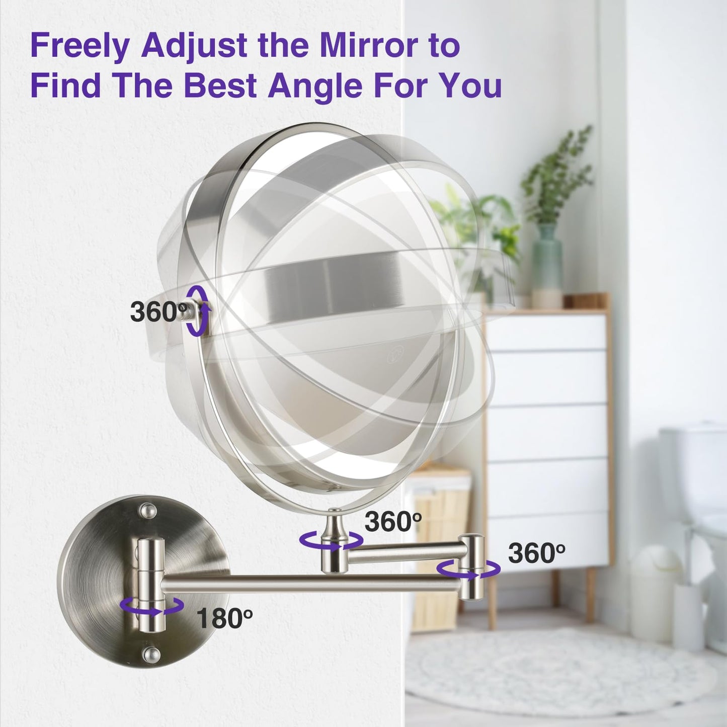 GREENFROM Magnifying Mirror with Lights 1x/15x: 8.5" Double Sided Wall Mounted Lighted Makeup Mirror for Bathroom, Brushed Nickel