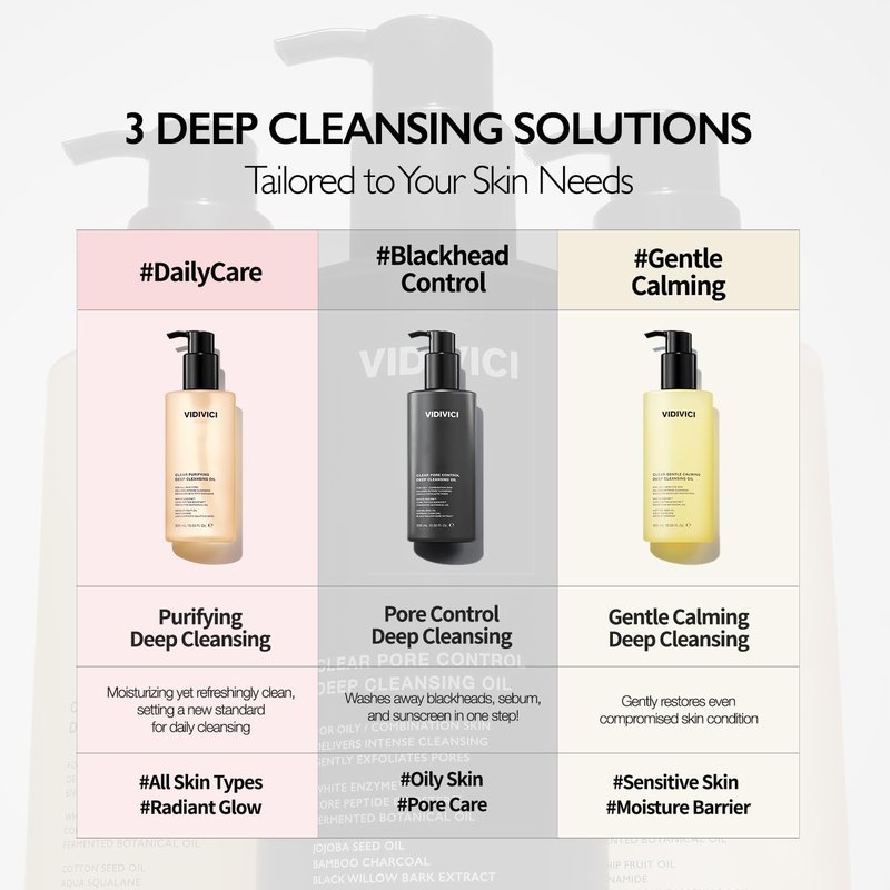 VIDIVICI Clear Pore Control Deep Cleansing Oil 10.14 fl.oz | Makeup remover with blackhead care, Korean facial cleanser for oily skin, Sebum control with Bamboo Charcoal Powder, Korean skin care
