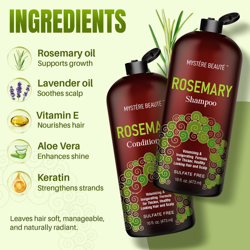 MYSTÉRE BEAUTÉ Rosemary Shampoo and Conditioner Set for Hair Growth - 16 oz Each - Sulfate Free with Biotin, Keratin & Argan Oil - Strengthens, Thickens & Reduces Thinning for Men and Women
