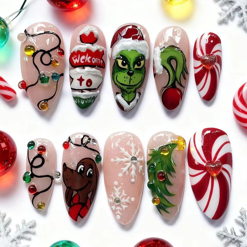 30Pcs Christmas Press on Nails Medium Almond Fake Nails with Colorful Rhinestones Light Strip Xmas Tree Cartoon Design Cute Holiday Stick on Nails 3D Handmade Christmas False Nails for Women Grils DIY