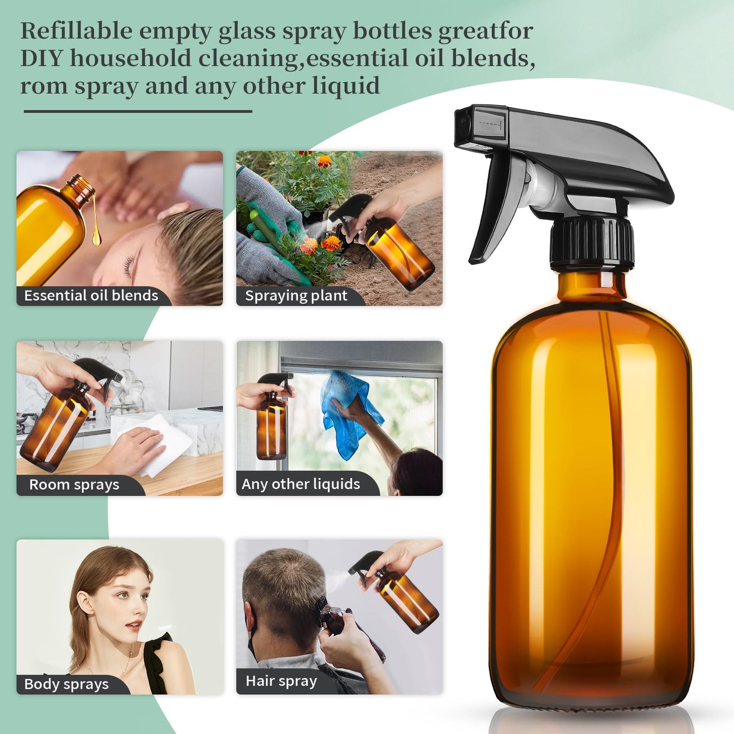 GIVAMEIHF 16oz Amber Glass Spray Bottles,6 Pack Glass Spray Bottles Refillable Empty Bottle with Adjustable Nozzle,Spray Bottle for Essential Oils,Cleaning,Pets,Hair Mister