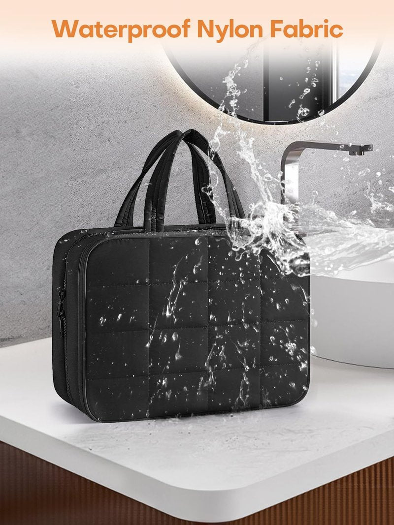 Manuqia Travel Toiletry Bag with Separate Jewelry Organizer, Water-resistant Makeup Bag with Hanging Hook, Large Capacity Travel Organizer for Toiletries, Cosmetic, Vacation Essentials - Large