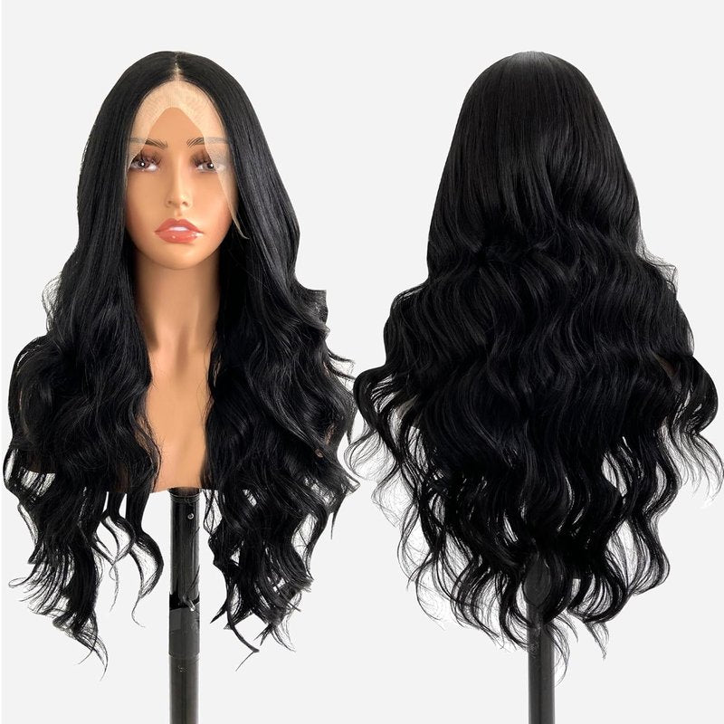 Glueless 13x4 HD Lace Front Wig - Pre-Plucked Long Wavy Style for Black Women | 26-Inch 1B Black