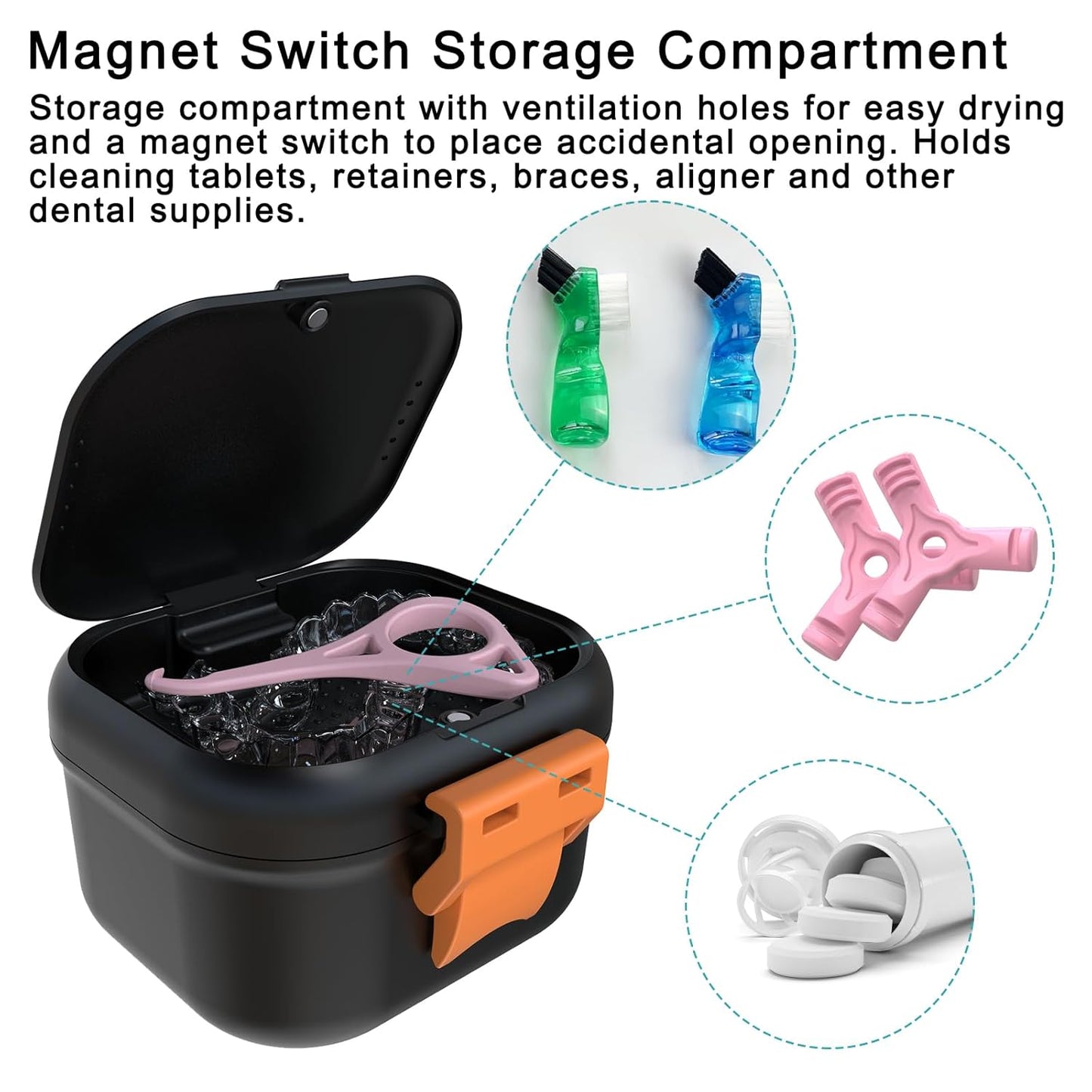 Leak Proof Denture Bath Cup - Portable Soaking Case with Strainer | Upgraded Storage Compartment (Black & Orange)