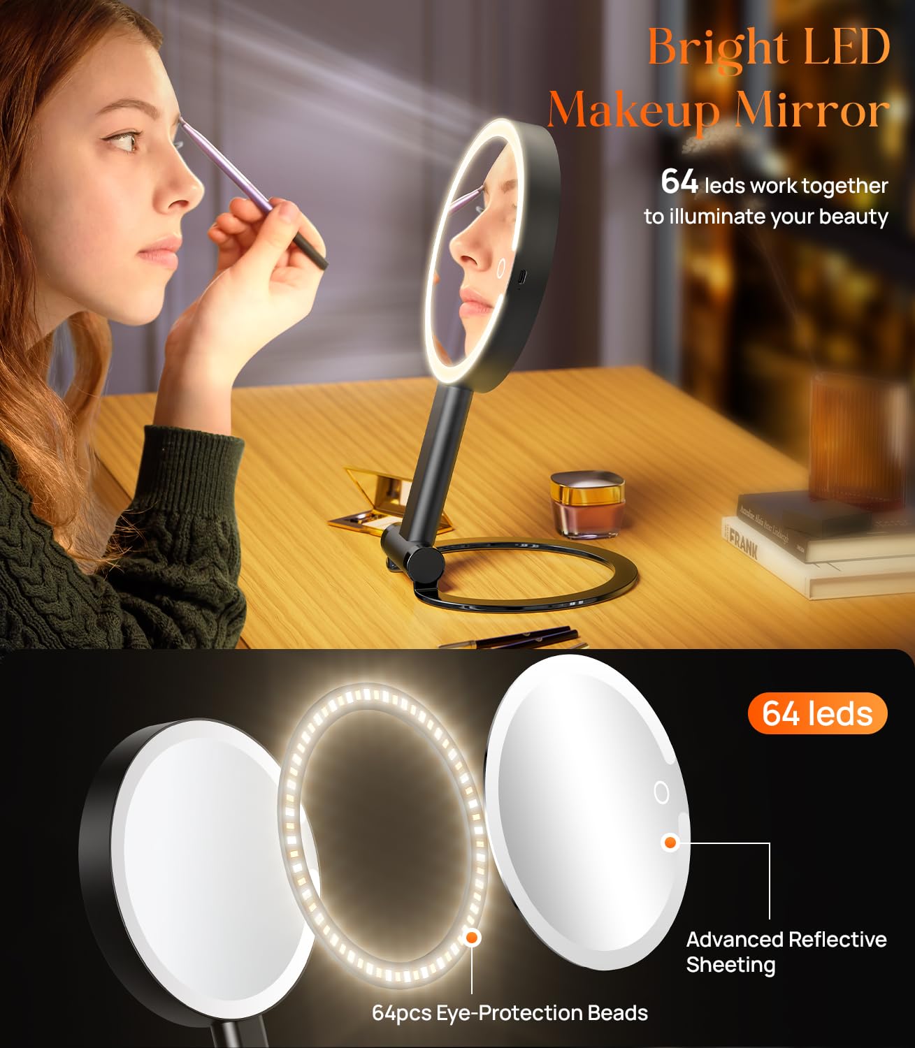 Gospire Magnifying Travel Makeup Mirror with Light 10X 1X Magnifition 2-Sided Lighted Vanity Mirror Rechargeable 3 in 1 Hand Held Desk Hanging, 3 Color Dimmable Lights, Black