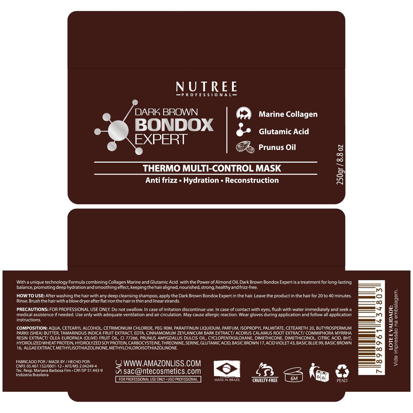 Hair Treatment Mask Damaged Dark Brown Color BONDOX 8.8oz | Color Depositing Mask with Almond Oil | Marine Seaweed Collagen | Formaldehyde-Free | Enhances Elasticity, Flexibility, Softness & Moisture