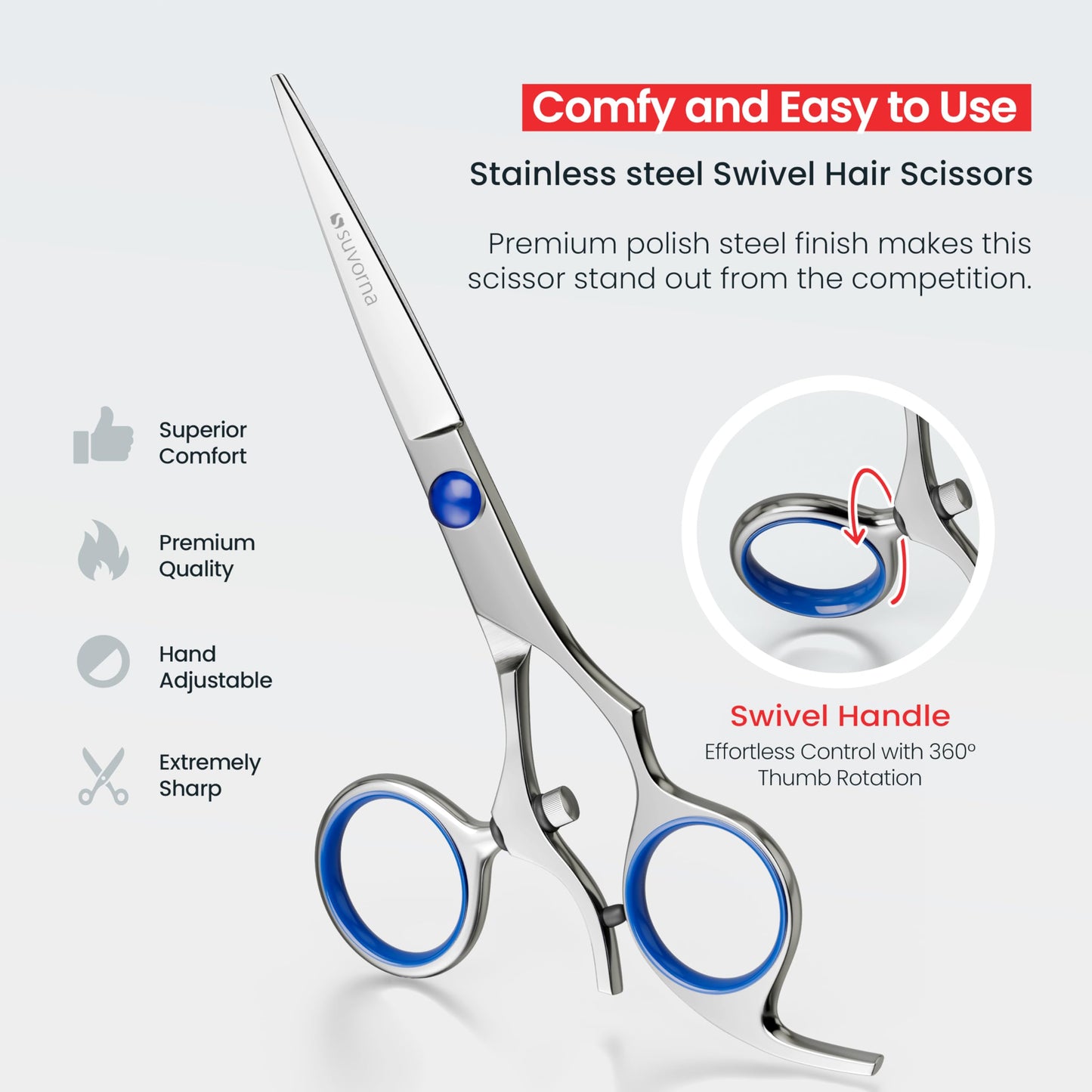 Suvorna Swivel Hair Scissors Professional - Barber Scissors for Hair Cutting - 5.5" J2 420 Japanese Stainless Steel hair cutting scissors for Trimming & Grooming - Hair Shears for Women & Men