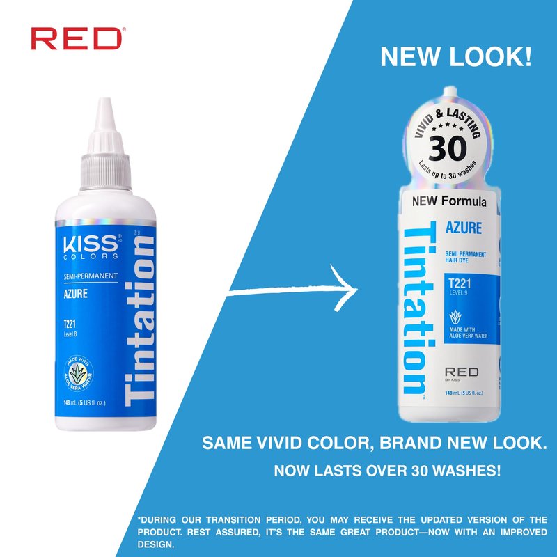 Red by Kiss Tintation Semi-Permanent Hair Color, Aloe Vera Water Based, Argan Oil, Olive Oil, Collagen & Keratin, Long-Lasting Color Dye (Azure, 5 Fl Oz)