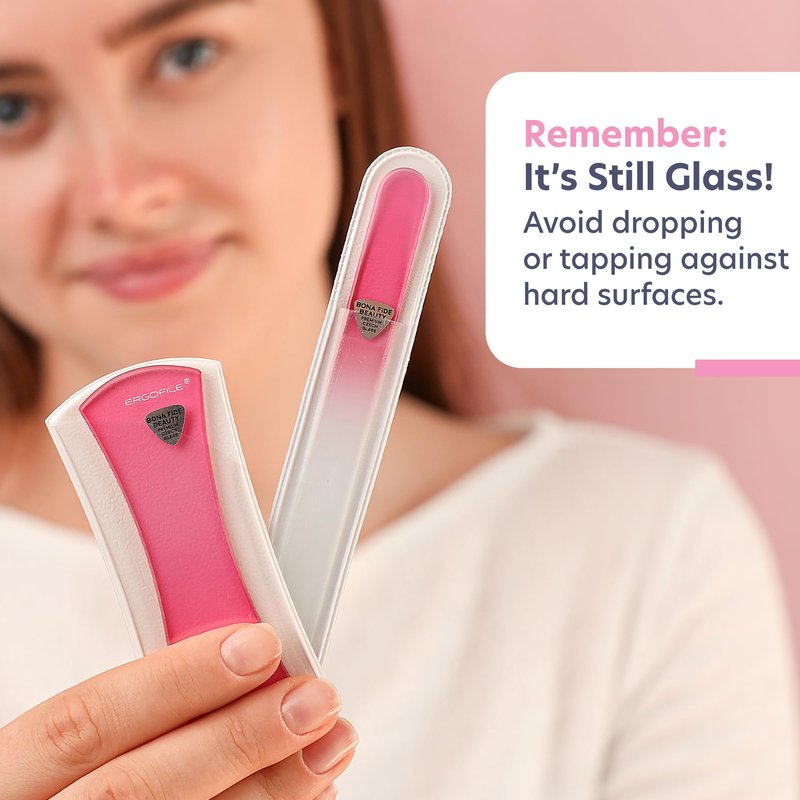 Glass Nail File Set by Bona Fide Beauty - Ergo File - Premium Nail Care Tools Genuine Czech Glass (Pink Bow)