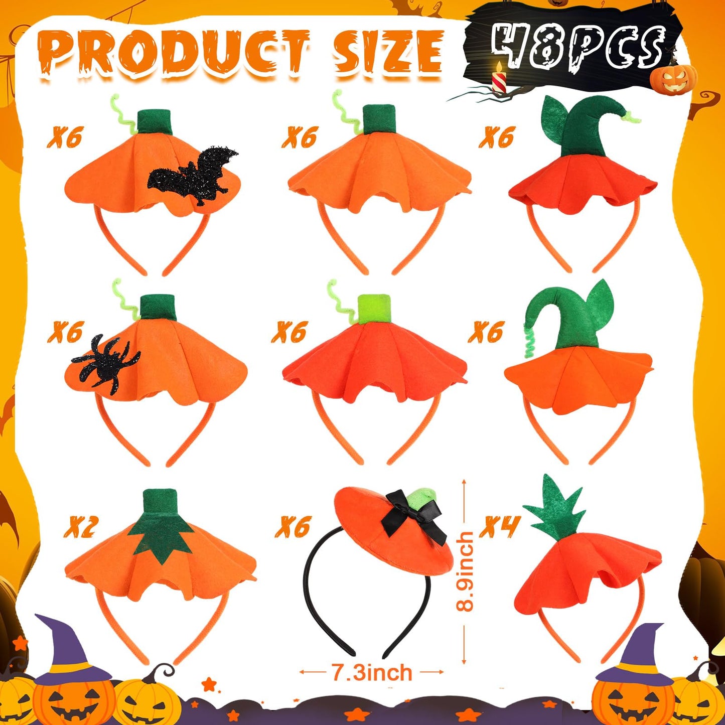Hotop 48 Pcs Halloween Pumpkin Headbands, Pumpkin Hat Dress up Headband Hair Bands Hair Hoops, Halloween Costume Party Supplies Headwear Accessories for Women Adult