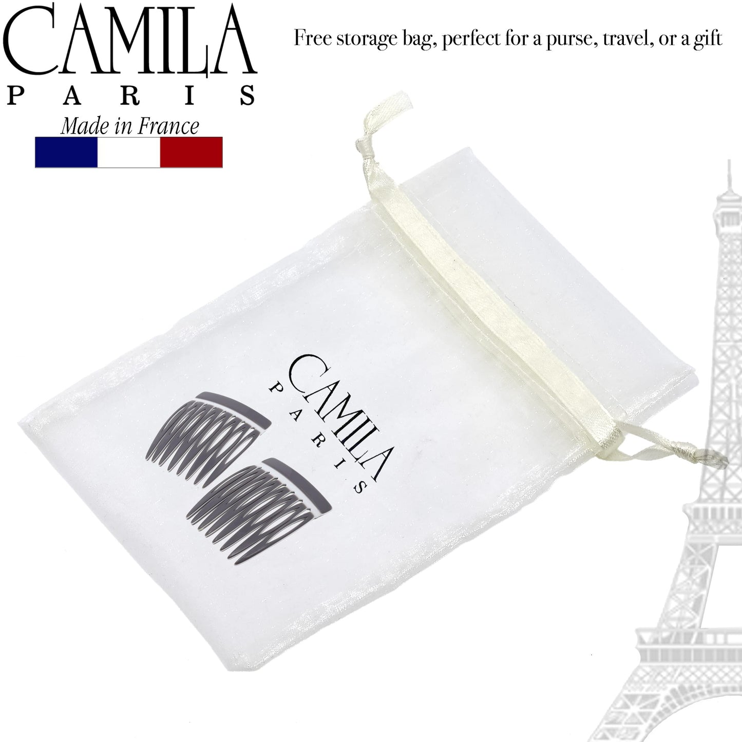 Camila Paris Onyx and Pearl French Hair Side Comb 4 Piece Handmade Small, French Twist Decorative Hair Combs, Strong Hold Hair Comb Clips for Women, Styling Girls Hair Accessories, Made in France