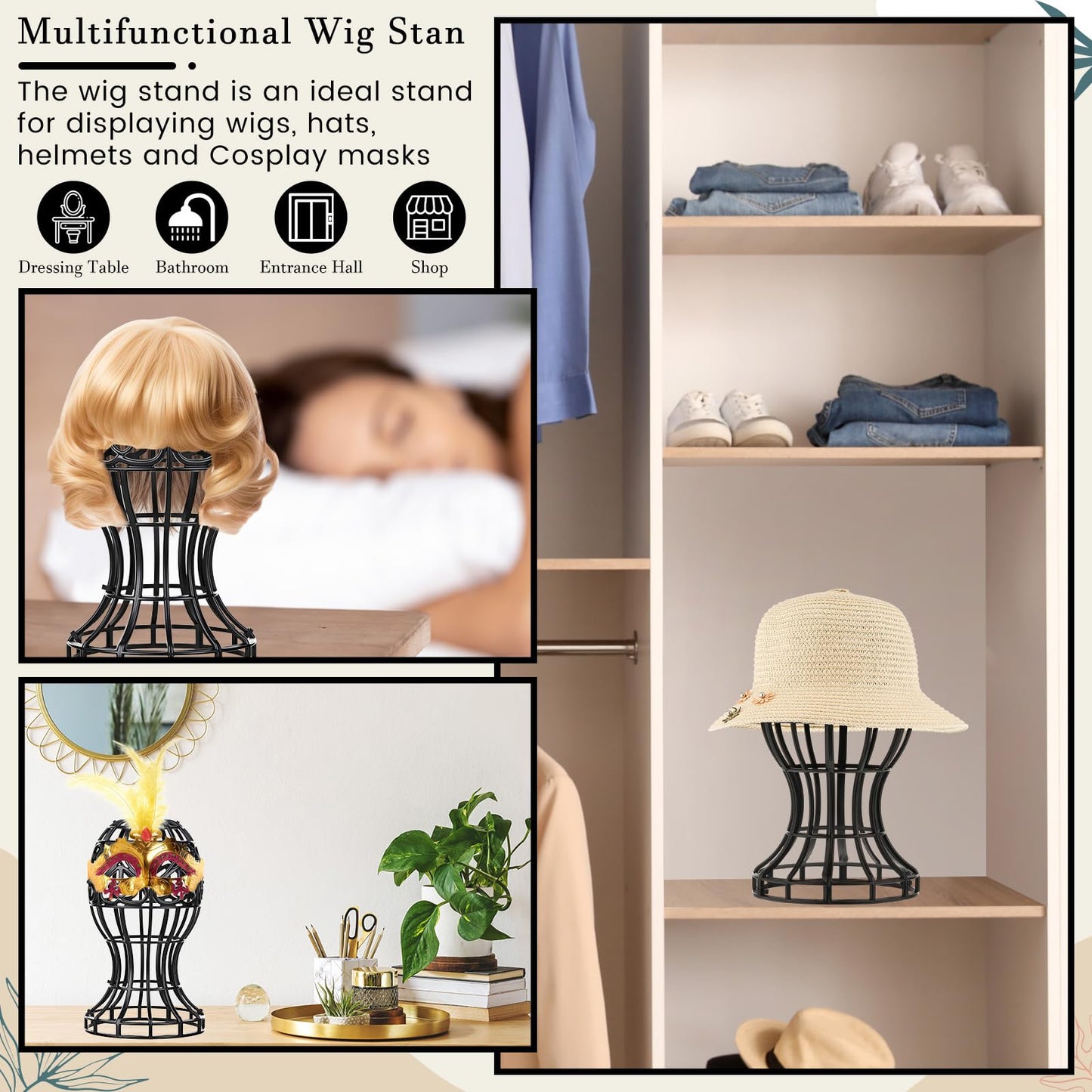 Otoolling 12 Pack Wig Stand Portable Plastic Wig Holder Head Shaped Cutout Design Black Hat Display Stand for Multiple Fake Hair and Hats Storage Organize for Home Salons Business Showcase