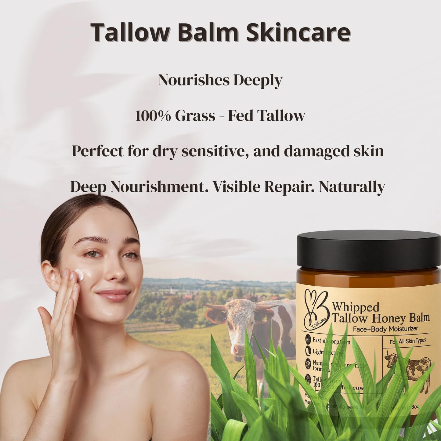 B.Chartier Beef Tallow for Skin- Tallow Balm for face- Tallow Face Moisturizer - Beef Tallow Moisturizer- Tallow and Honey Balm - Grass Fed Beef Tallow For Skin - Tallow Face Cream Lotion (8.0 oz)