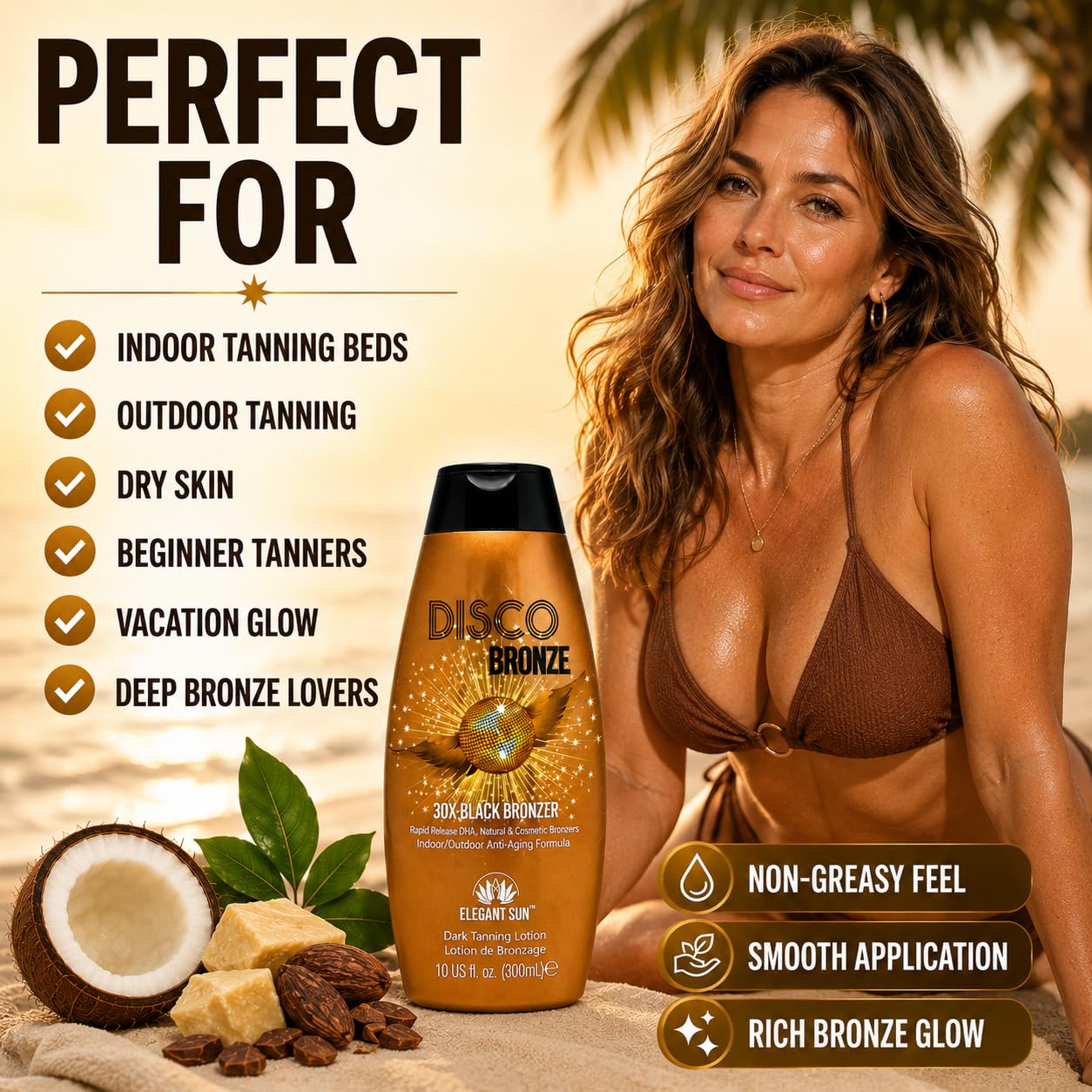 Disco Bronze 30X Black Bronzer Tanning Lotion - Indoor & Outdoor UV Tan Accelerator with DHA, Natural & Cosmetic Bronzers, Proprietary Melanin Boosting Formula, Made in USA for Men & Women – 10 oz