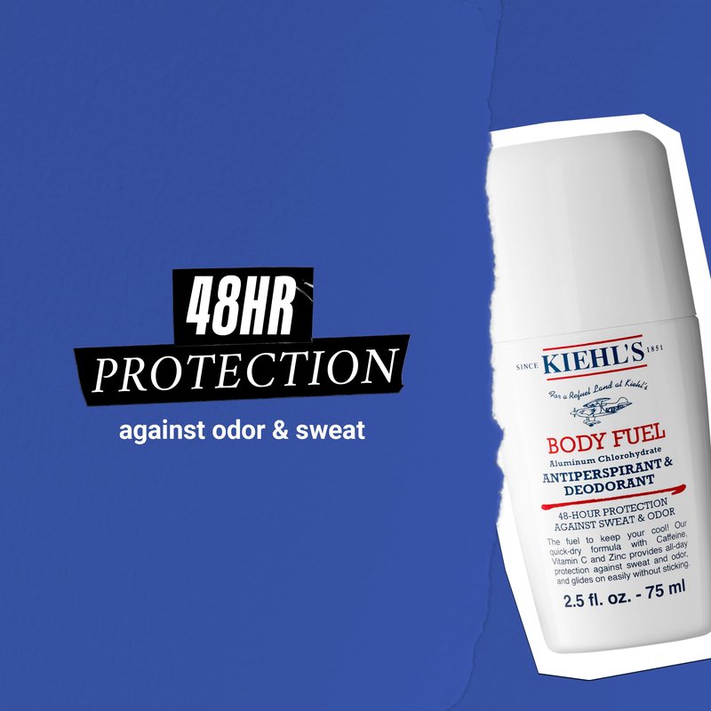 Kiehl's Body Fuel Antiperspirant & Deodorant Roll-On, 48-Hour Protection Against Sweat and Odor, with Caffeine, Vitamin C & Zinc, Dries Quickly, Energizing Scent for Men's Underarm - 2.5 fl oz