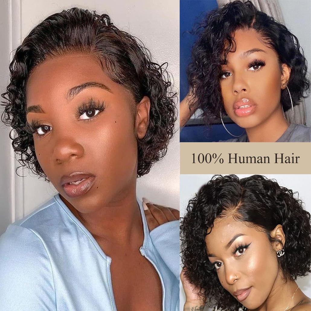 Bworto Pixie Cut Short Bob Frontal Wigs Human Hair Pre Plucked Deep Wave 13x4 Hd Lace Front Curly Wigs for Black Wome Natural Black Wig 6 Inch