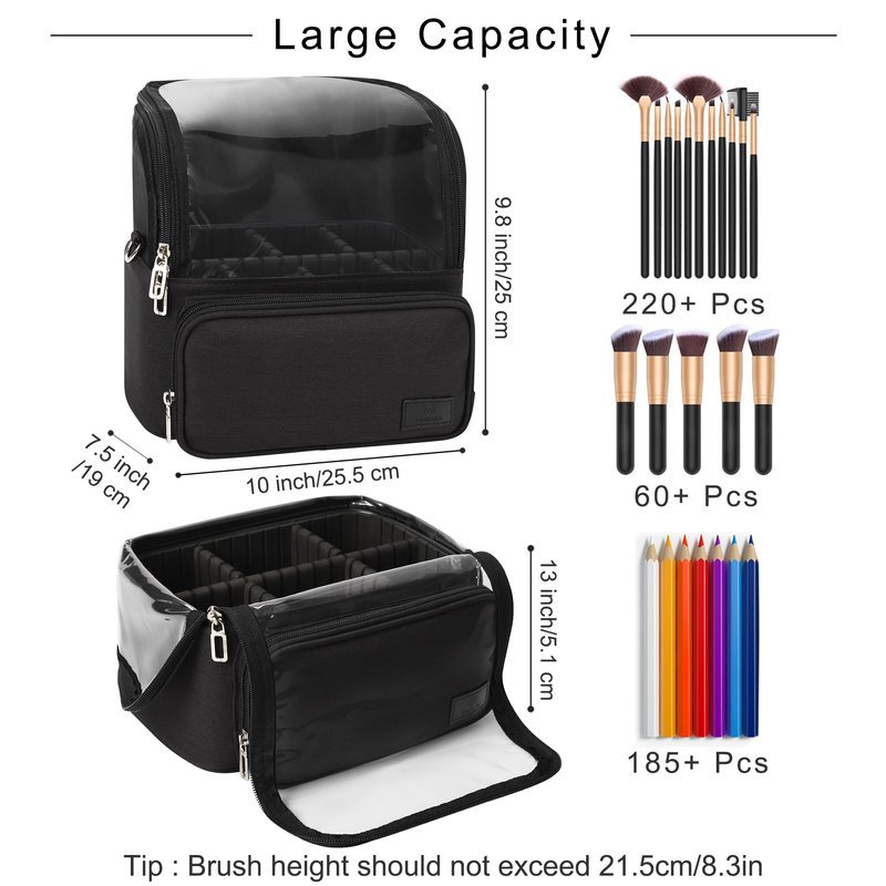 TANTO Makeup Brush Bag, Makeup Brush Holder Travel Extra Large Make up Brush Organizer Case Stand-up Makeup Cup Foldable Pro Cosmetic Artist Storage Bags with Adjustable Divide (01A-Black,X Large)