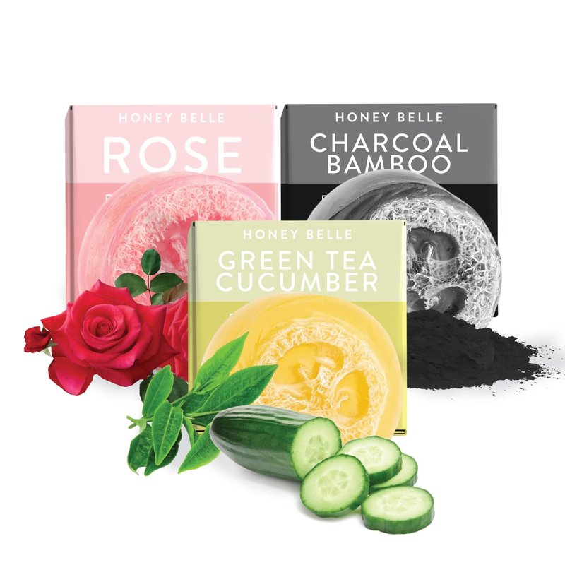 Honey Belle Charcoal Bamboo Exfoliating Loofah Soap 2-Pack - Exfoliating Bar Soap with Loofah Inside - Cleansing, Moisturizing, Nourishing, Scrubby Soap - Plant-Based, Eco-Friendly, Vegan
