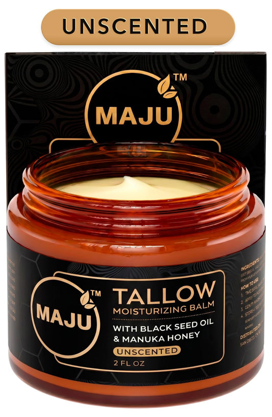 MAJU Beef Tallow Manuka Honey Balm, Unscented (2 oz), Grass-Fed Beef Tallow for Skin with Organic Black Seed Oil, Manuka Honey and Organic Beeswax, Skin and Face Moisturizer for Deep Hydration