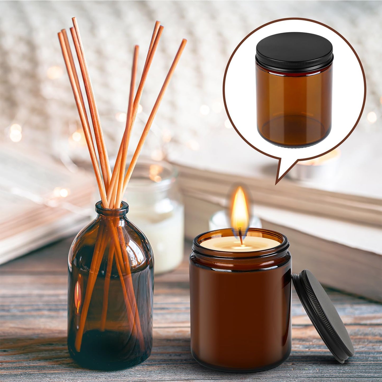 Amber Glass Jars - 12 Pack 8 Oz Leakproof Storage Containers with Black Metal Lids | Perfect for Spices & Liquids