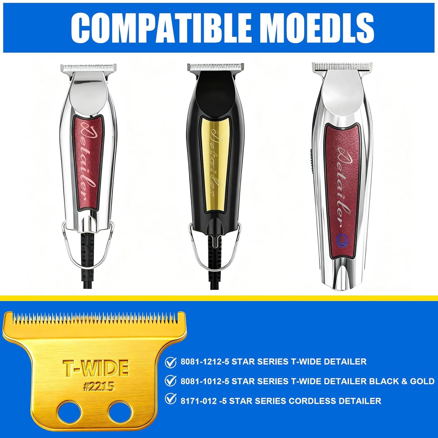 Replacement T Wide Blades for Wahl 5 Star Detailer Li Trimmer | Adjustable Stainless Steel Zero-Gap (2PCS)