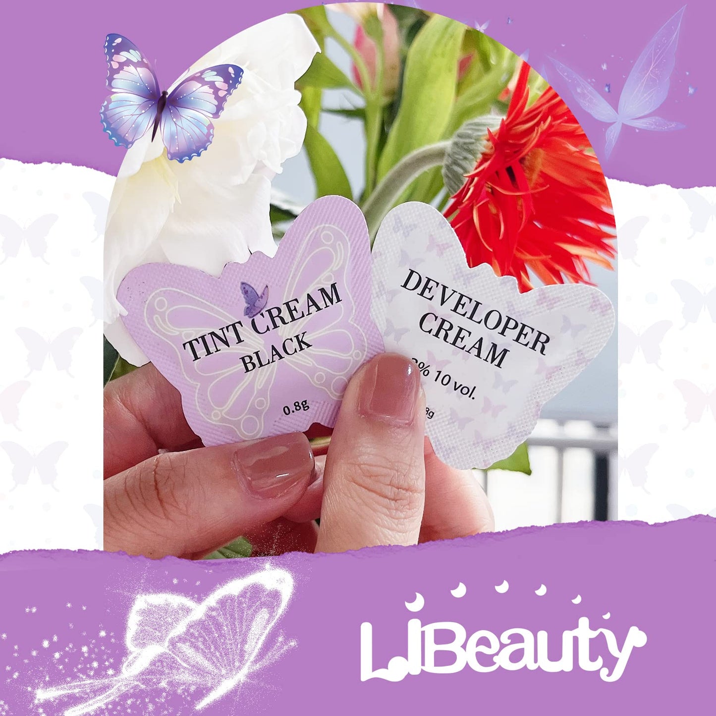 Libeauty Eyelash Black Color Kit, Semi-Permanent Hair Color Kit for Lash and Brow Cute Butterfly Disposable Individual Sachet Kit Instant Voluminous Coloring Eyebrow Colour Kit