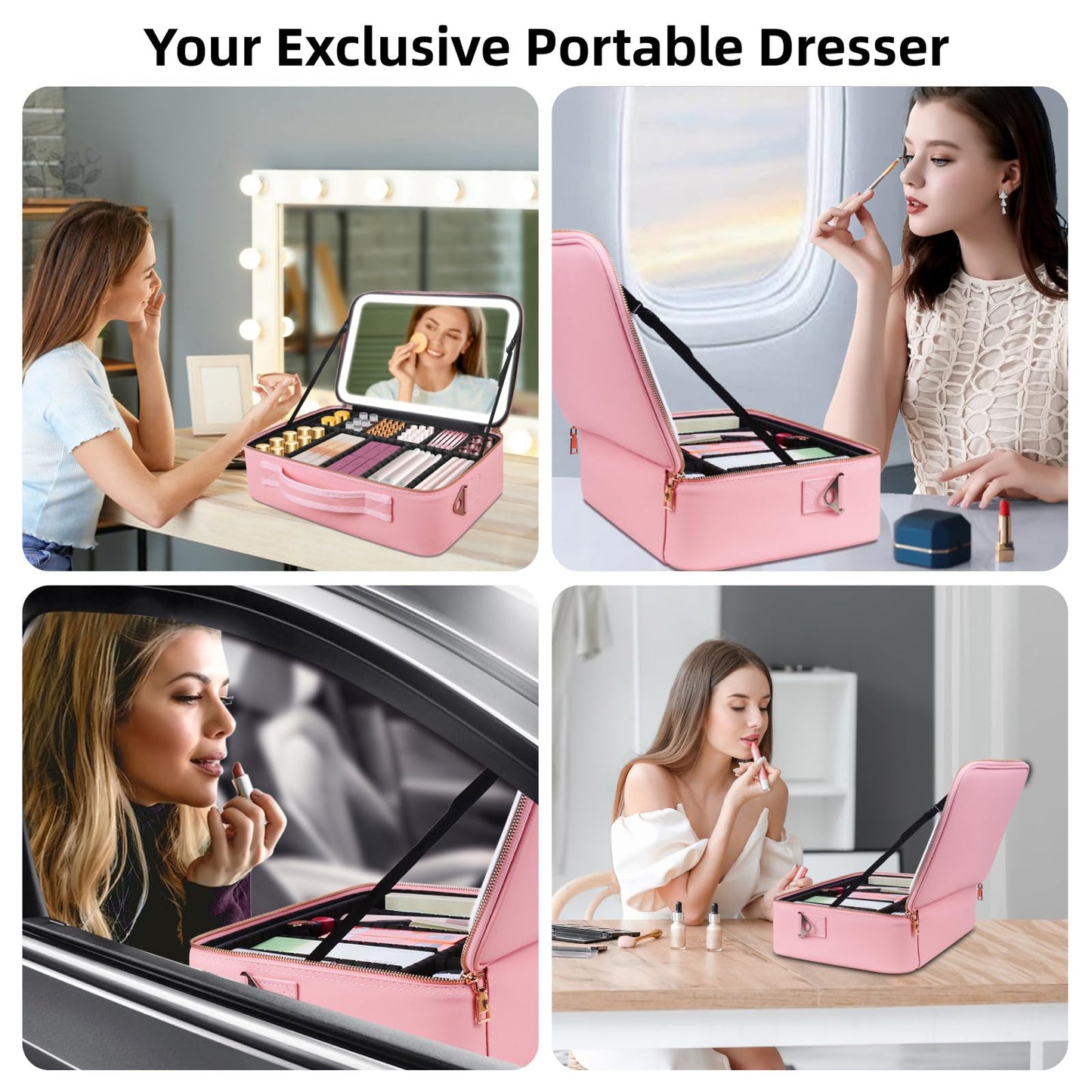 saiggnyy 15"×11" Large Pink Makeup Bag with Mirror, Personal Item Travel Bag with Makeup Mirror 3 Lights, Waterproof Train Case with Mirror and Adjustable Dividers,Professional Lighted Makeup Case
