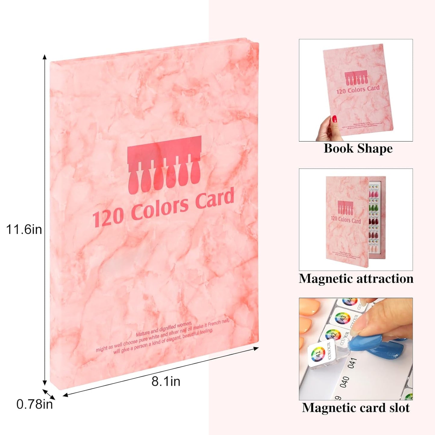 Magnetic Nail Swatch Book - 120 Magnetic Tips & Number Labels | Leather Color Display Book (Pink)