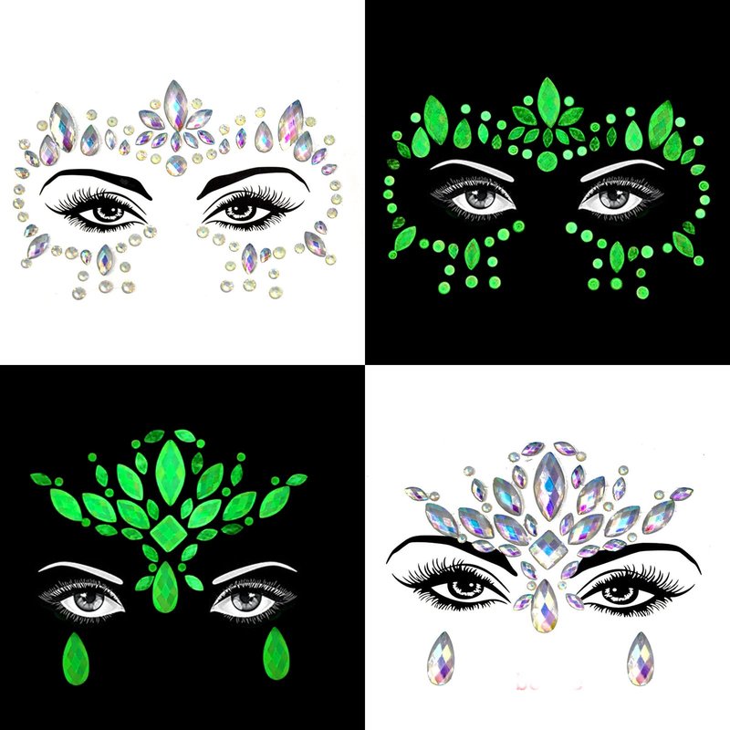 Glows Face Gems Jewels, 4 Pack Noctilucent Stickers Glow in the Dark Tattoo Crystals Body Gems Stick on for Halloween Carnival Festival Party