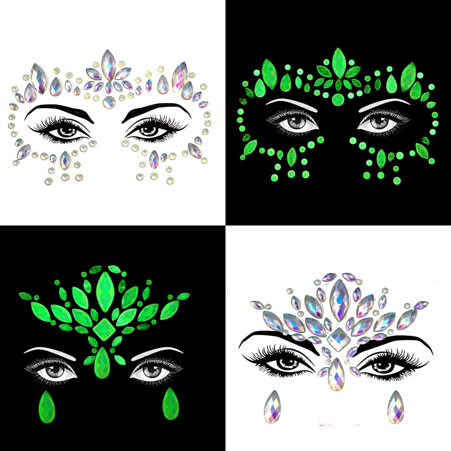 Glows Face Gems Jewels, 4 Pack Noctilucent Stickers Glow in the Dark Tattoo Crystals Body Gems Stick on for Halloween Carnival Festival Party