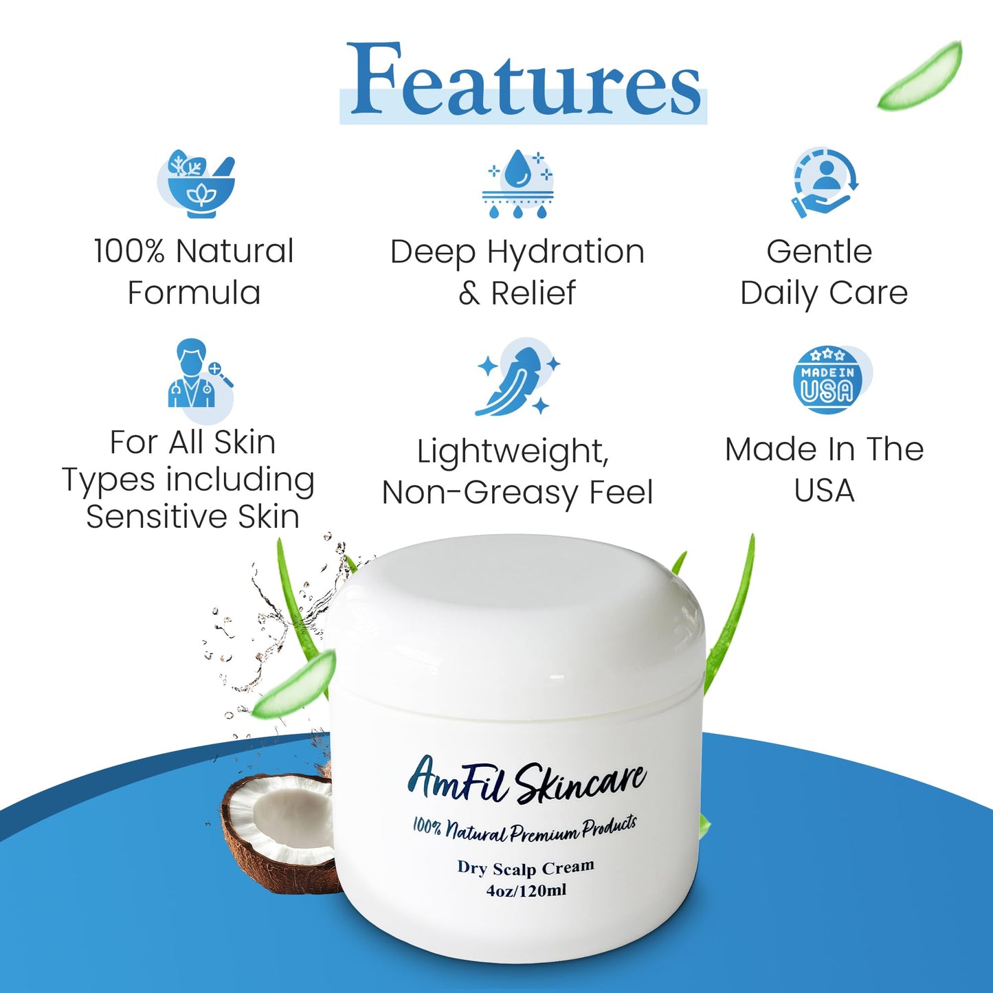 AmFil Skincare Dry Scalp Cream - Soothes Itchiness and Reduces Flakes for Dry, Sensitive Scalp - Gentle Relief for Eczema, Psoriasis and Seborrheic Dermatitis, 4 oz, 1-Pack