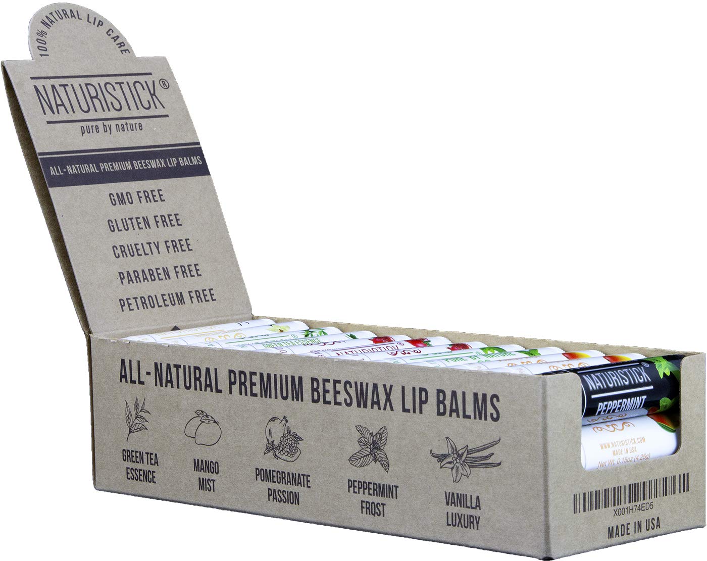 Naturistick Natural Beeswax Lip Balm | 36-Pack Assorted | Display Set | Standard 0.15 oz Tubes