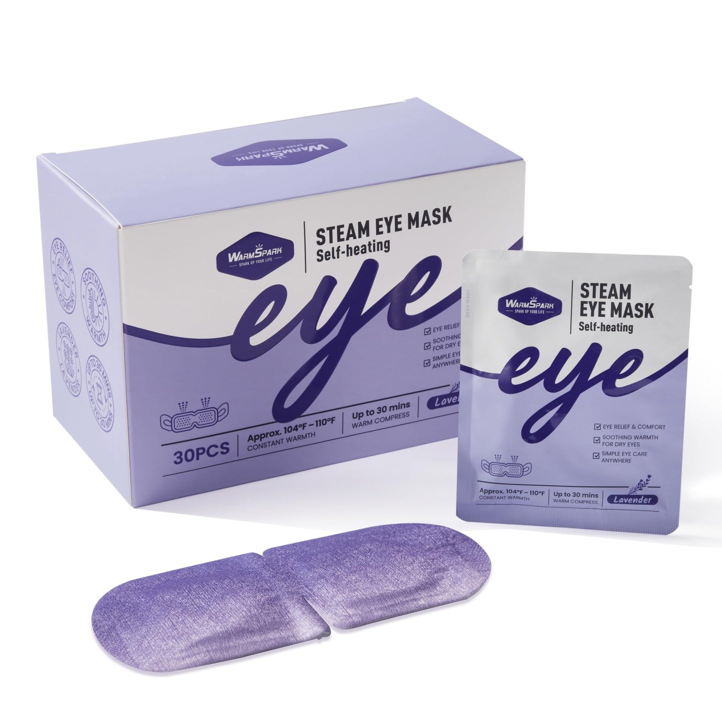 WarmSpark Self Heating Eye Mask Warm Compress for Dry Eyes, Disposable Heated Eye Mask for Fast Relief, Sleep, Spa, Travel Essentials & Relaxation Gifts for Women (30 Count, Lavender)