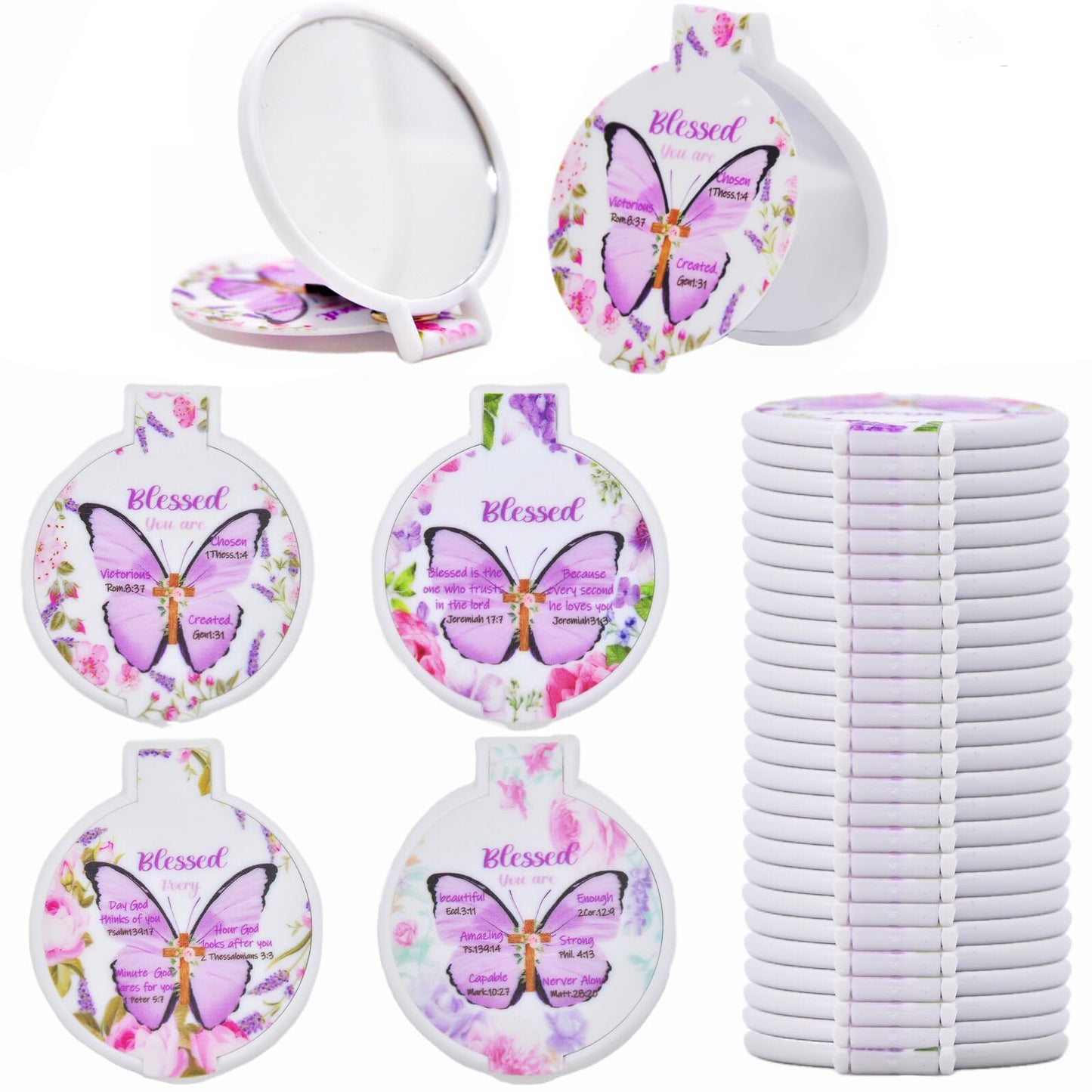 Eva's Moment 40 Pcs Christian Butterfly Compact Mirrors Bulk Bible Verse Mini Mirror Gifts Inspirational Portable Small Makeup Mirror for Women Church Scripture Party Gift 4 Styles
