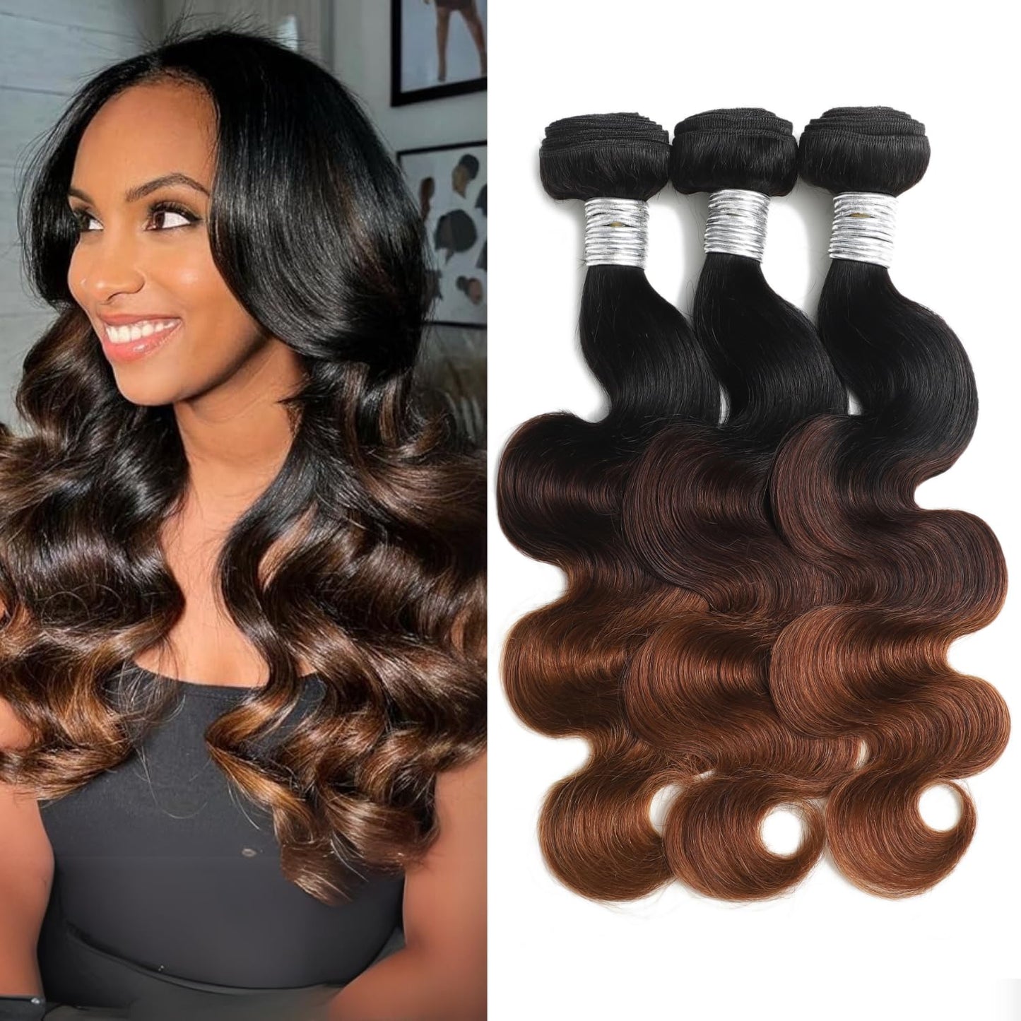 ANMETAN Dark Brown Ombre Body Wave Bundles Human Hair, Thick 12A Chestnut Brown T1B/2/30 3 Tone Ombre Color Human Hair Single Bundle with Dark Root 100% Remy Hair Bundle Keep Soft after Washes 16 Inch