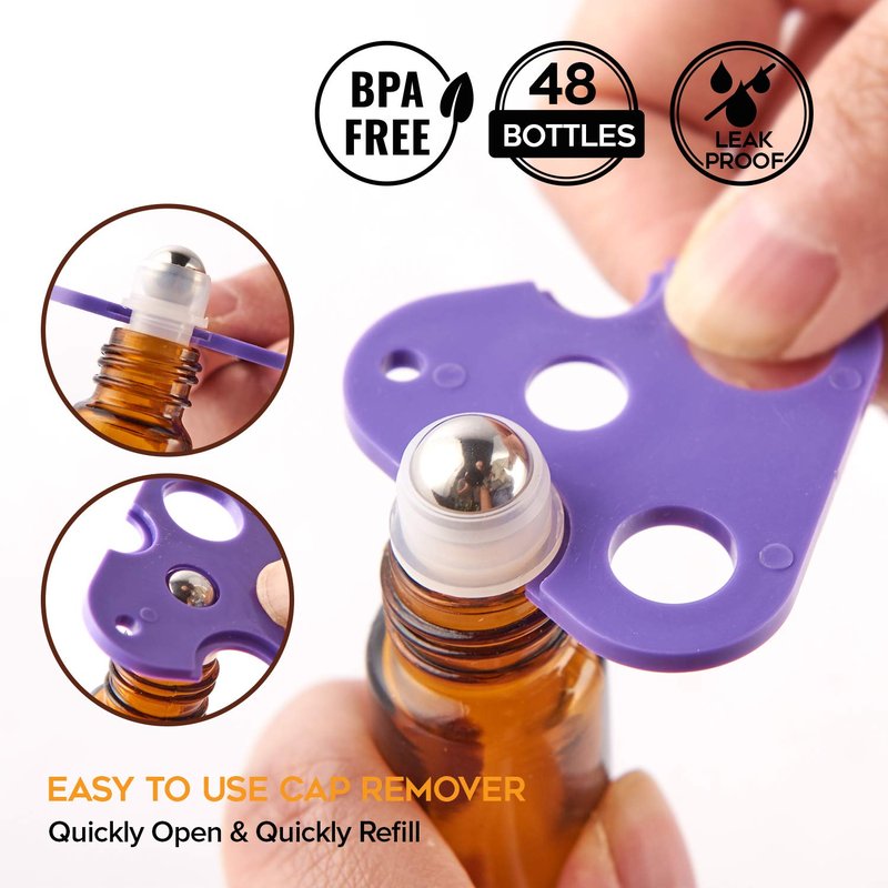 Essential Oil Roller Bottles - 10ml Amber Glass 48-Pack with Stainless Steel Balls | Refillable Applicator for Hair & Oils